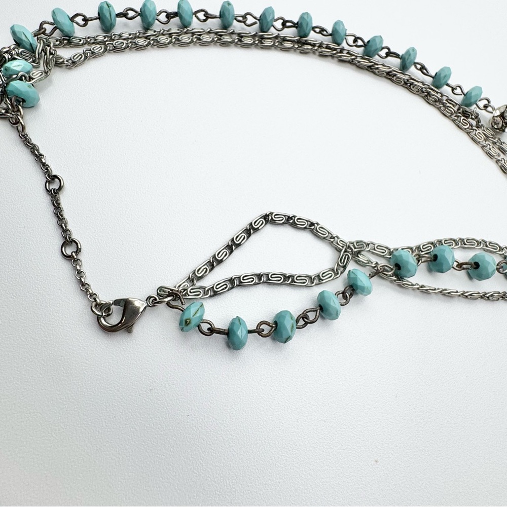 Turquoise Multi-strand Boho Necklace Silver Toned Chains 28” - Picture 7 of 11